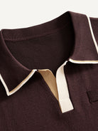 OROMEN Casa Mocha Knit Polo collar detail showing open buttonless placket with contrast tipping