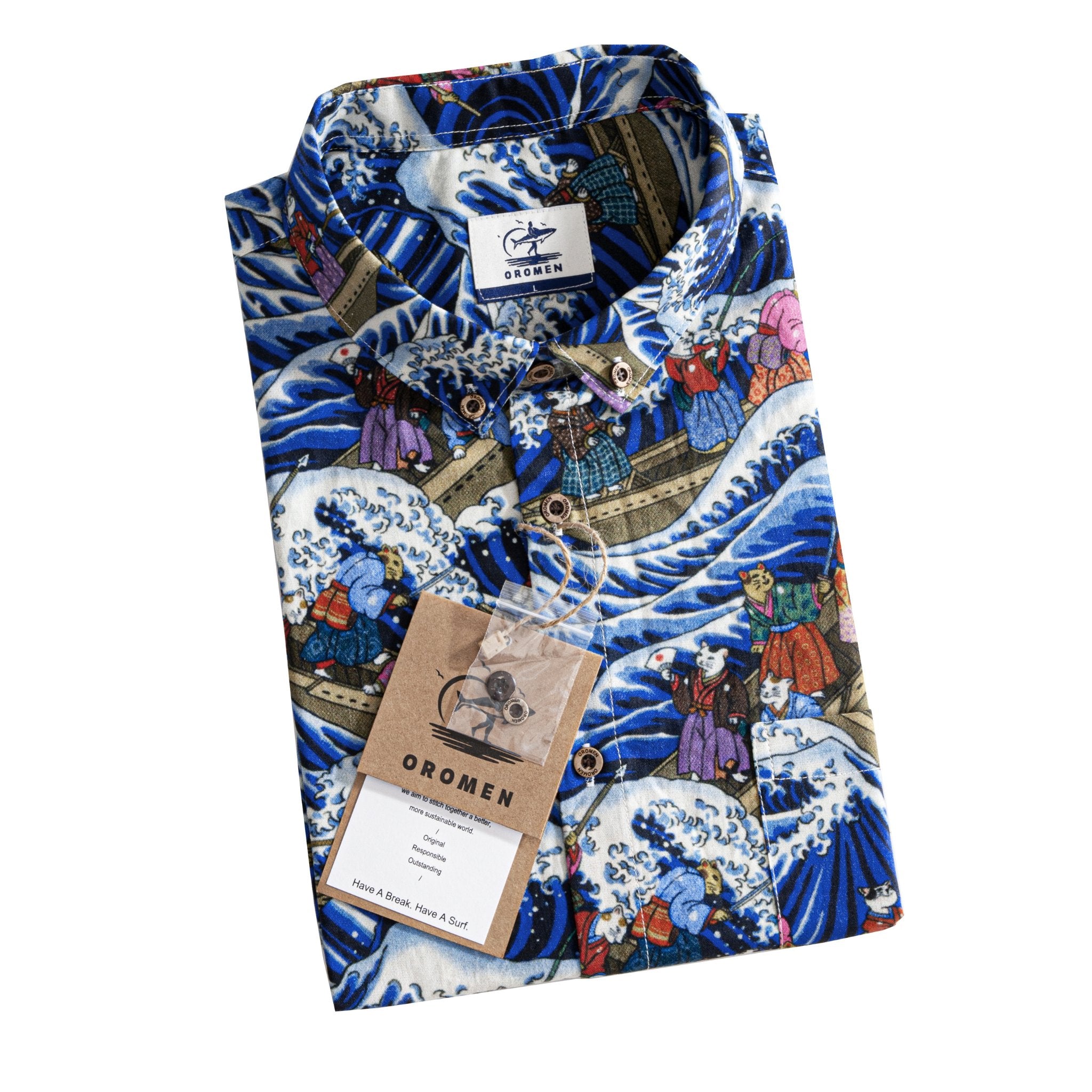 OROMEN Cat Yokai Shirt Folded with Brand Tag and Spare Buttons