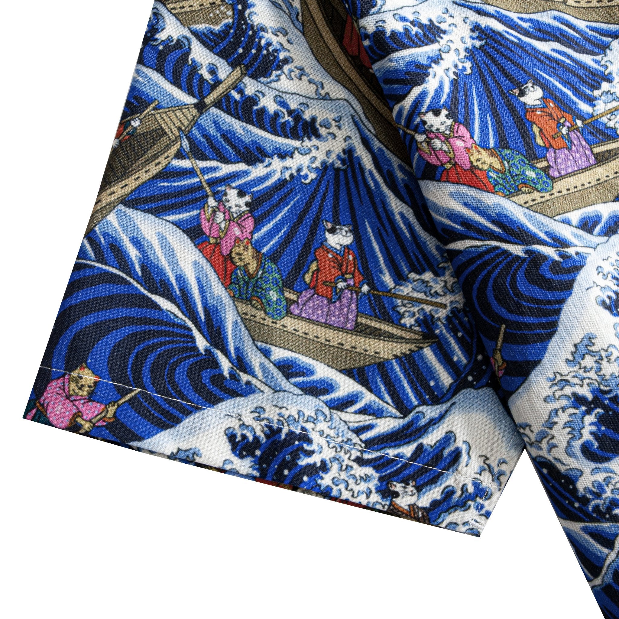 OROMEN Cat Yokai Shirt Hem Detail – Ukiyo-e Wave Print Cotton