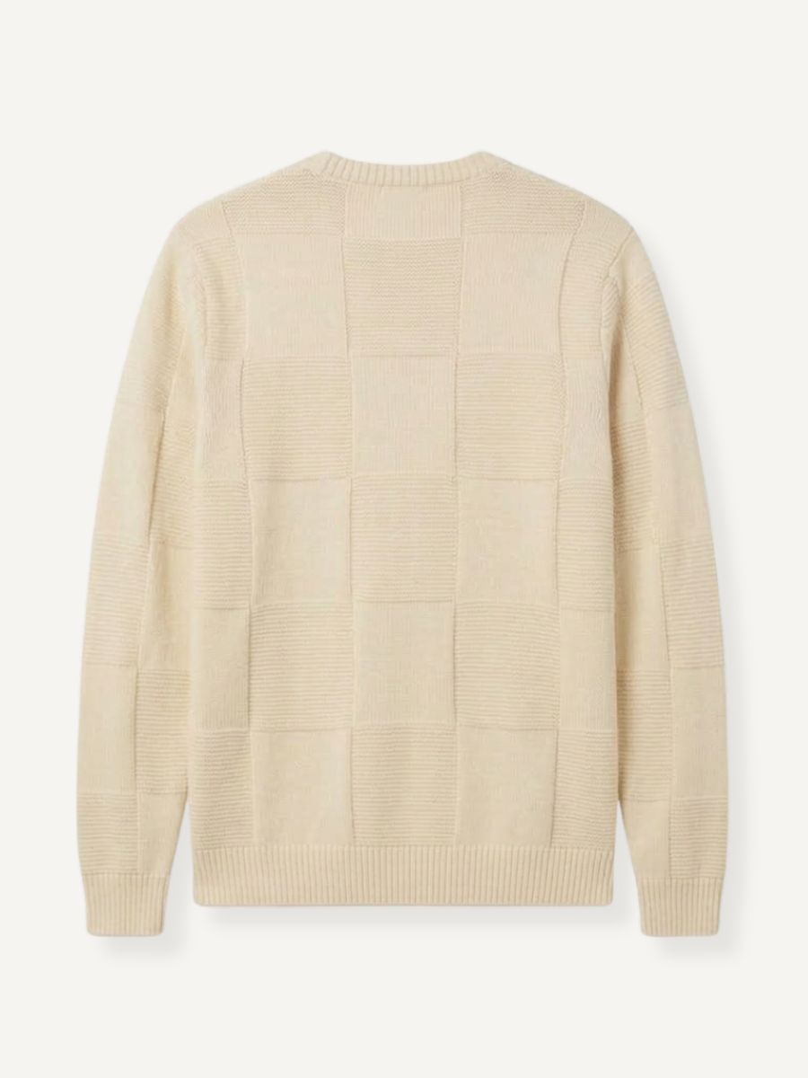 OROMEN Checkerboard Textured Sweater back flat lay displaying allover checkerboard block knit
