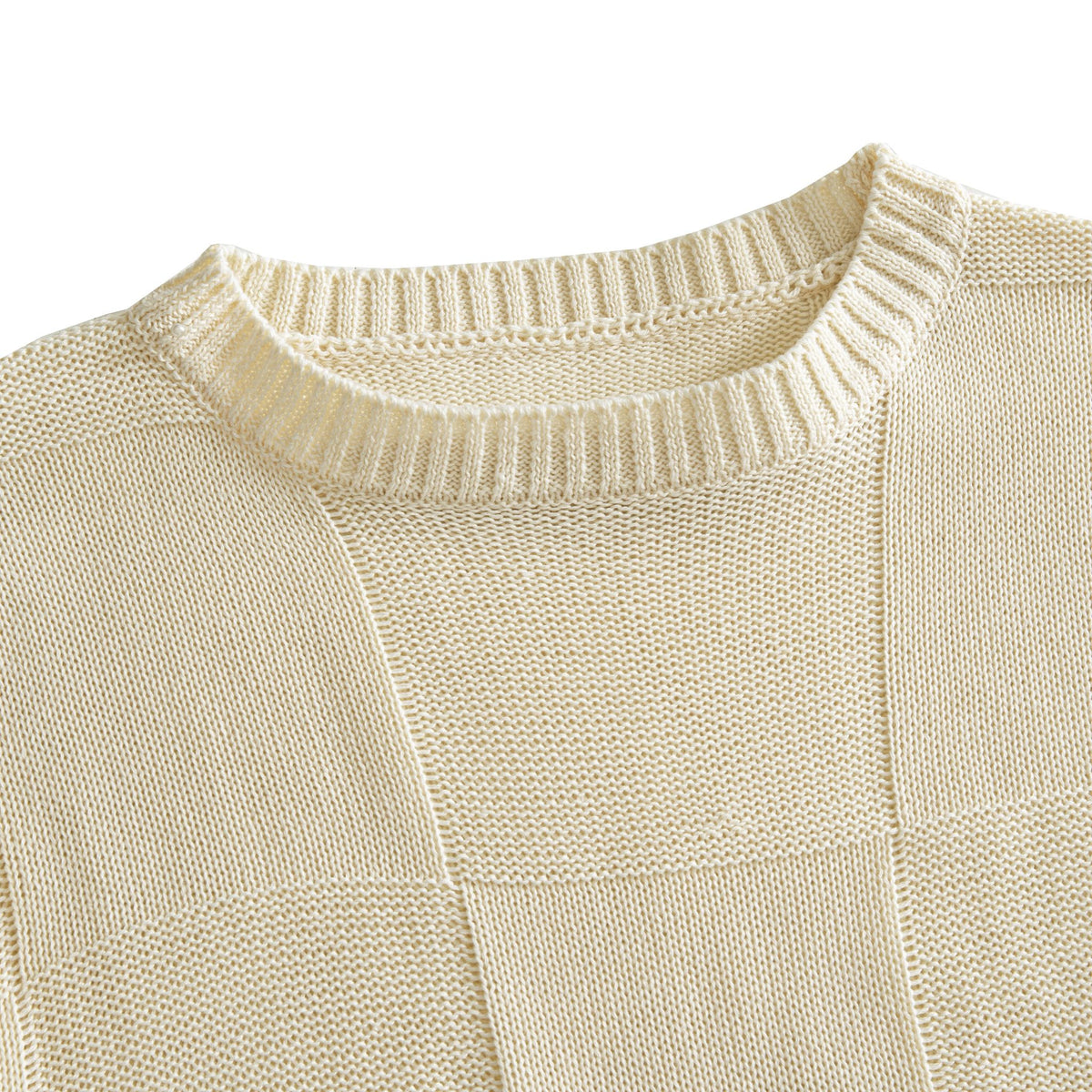 OROMEN Checkerboard Textured Sweater cream ribbed crewneck collar detail close-up