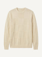 OROMEN Checkerboard Textured Sweater front flat lay in cream white with geometric block knit
