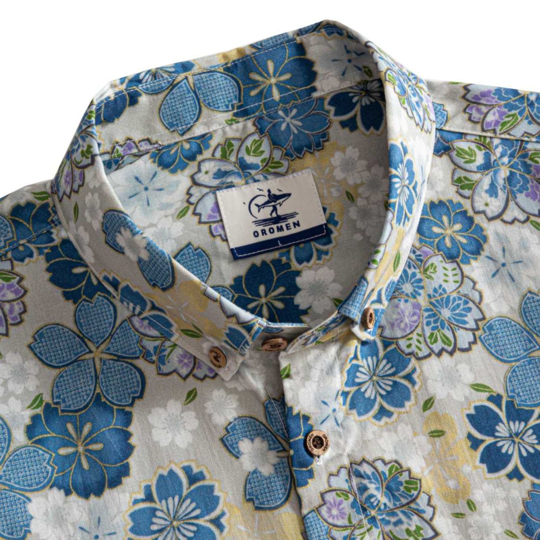 OROMEN Cherry Blossoms in Full Bloom shirt button-down collar and branded label detail