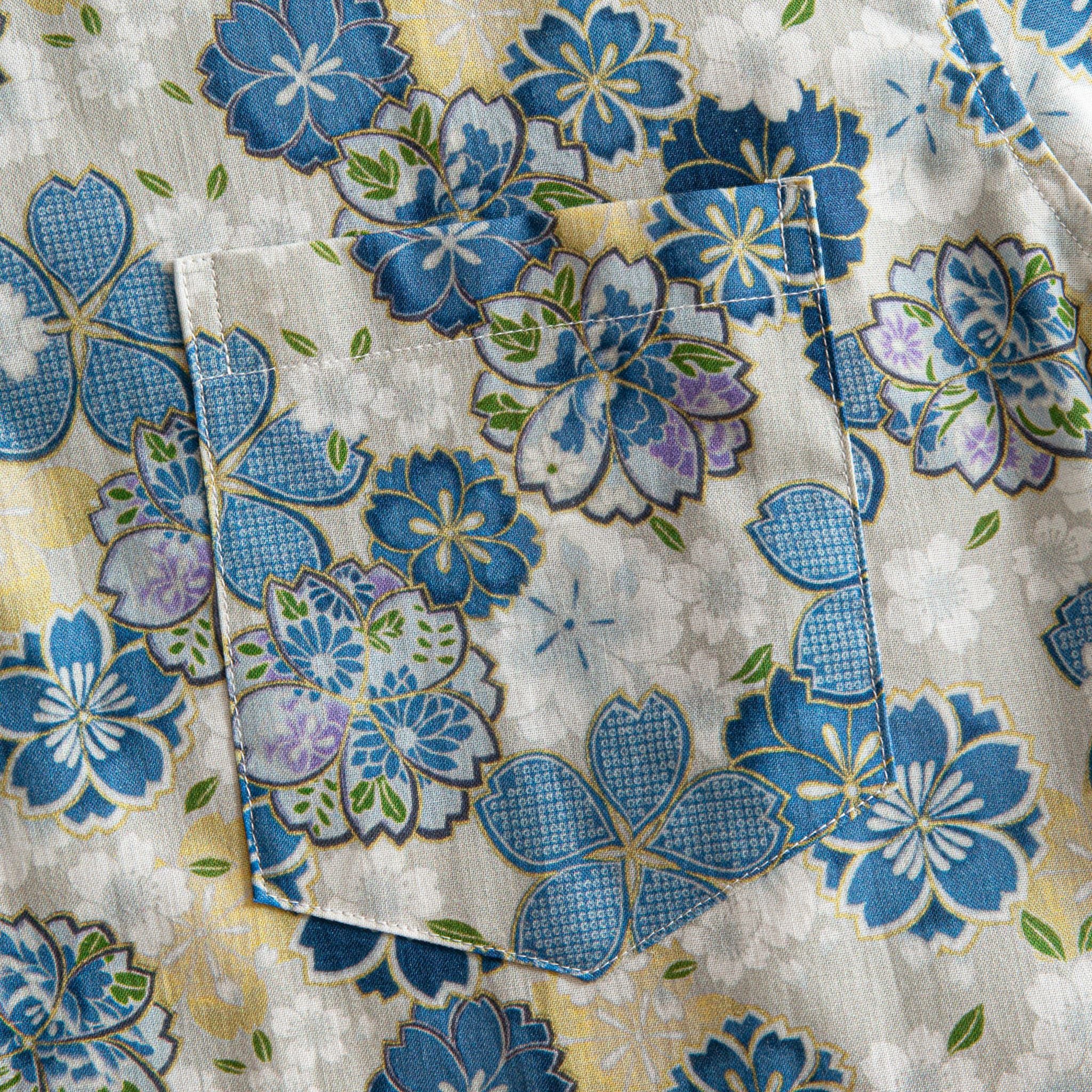 OROMEN Cherry Blossoms in Full Bloom shirt chest pocket, blue sakura print detail