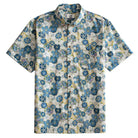 OROMEN Cherry Blossoms in Full Bloom shirt front flat lay, blue sakura print on cream