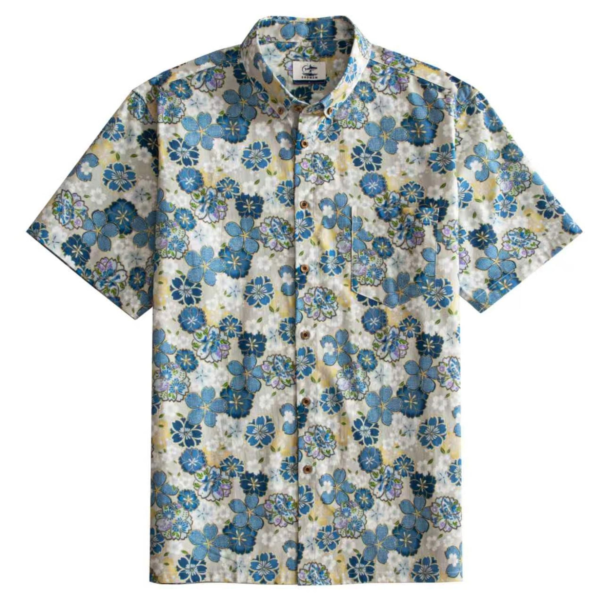 OROMEN Cherry Blossoms in Full Bloom shirt front flat lay, blue sakura print on cream