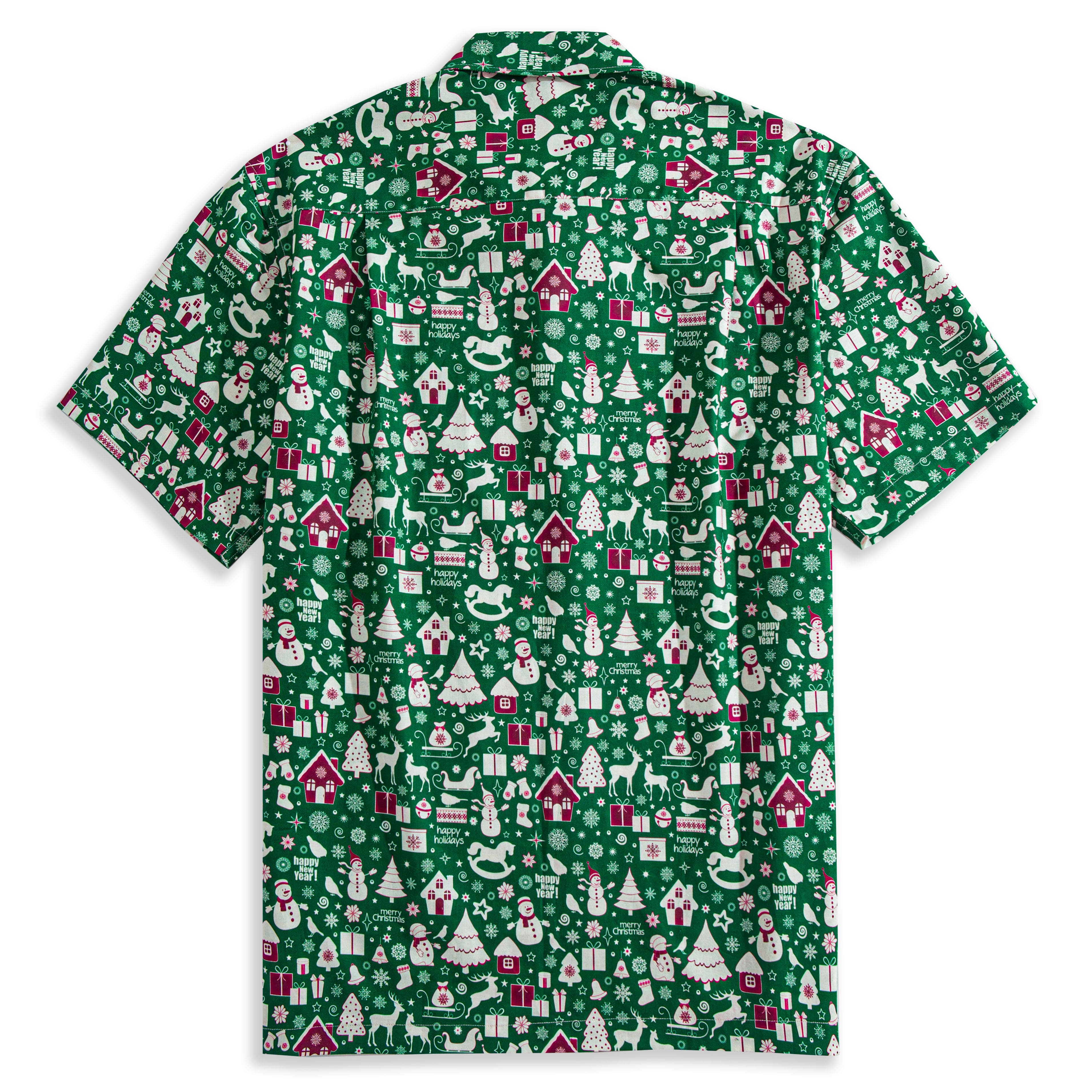 OROMEN Christmas In The Snow Shirt – Back Flat Lay, Full Green Retro Christmas All-Over Print