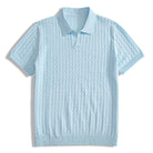 OROMEN Classic Zigzag Hollow Knitted Polo Shirt in Blue – Front View