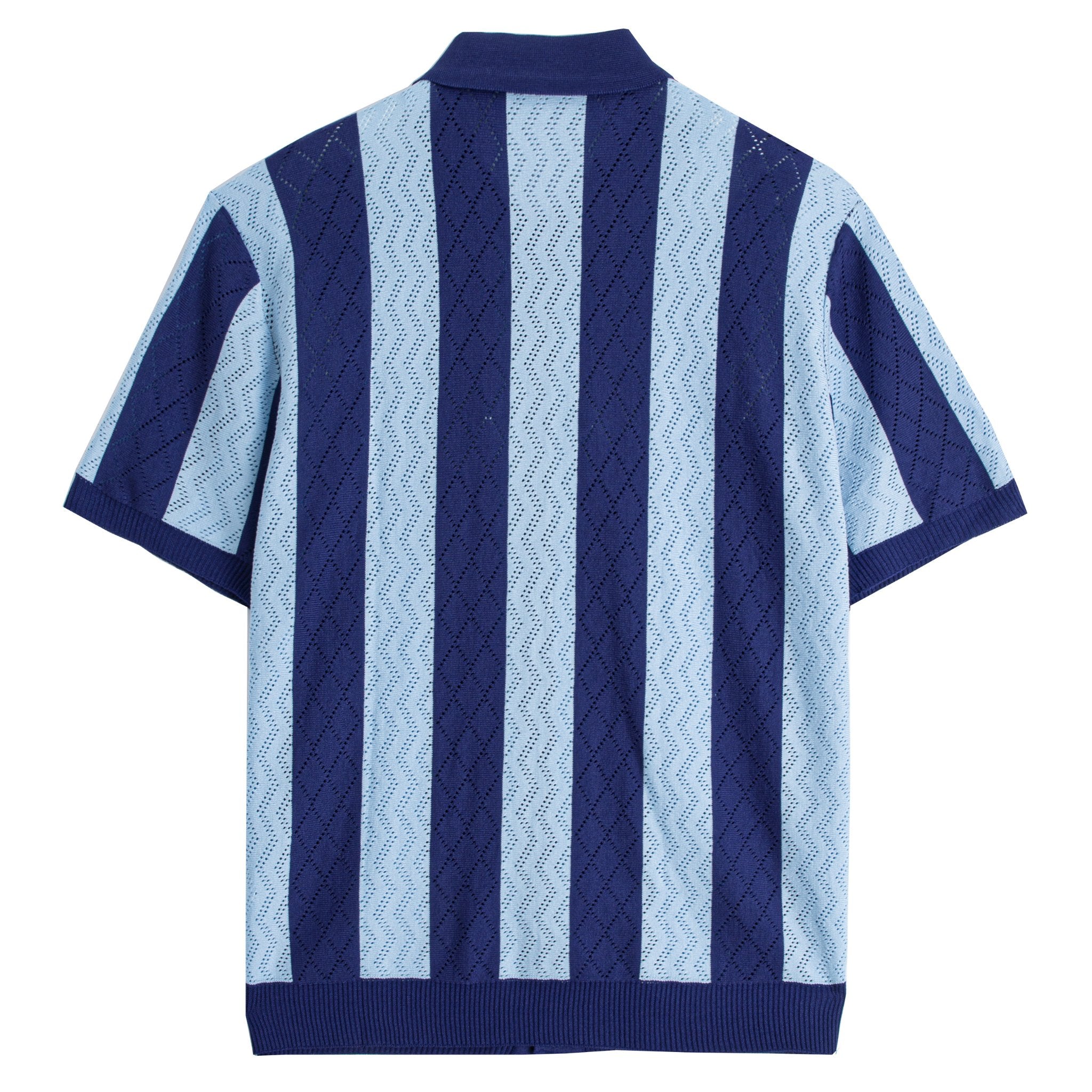 OROMEN Coastal Striped Open-Knit Polo Shirt – Full Length View