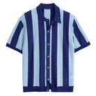 OROMEN Coastal Striped Open-Knit Polo Shirt in Navy Blue – Front View