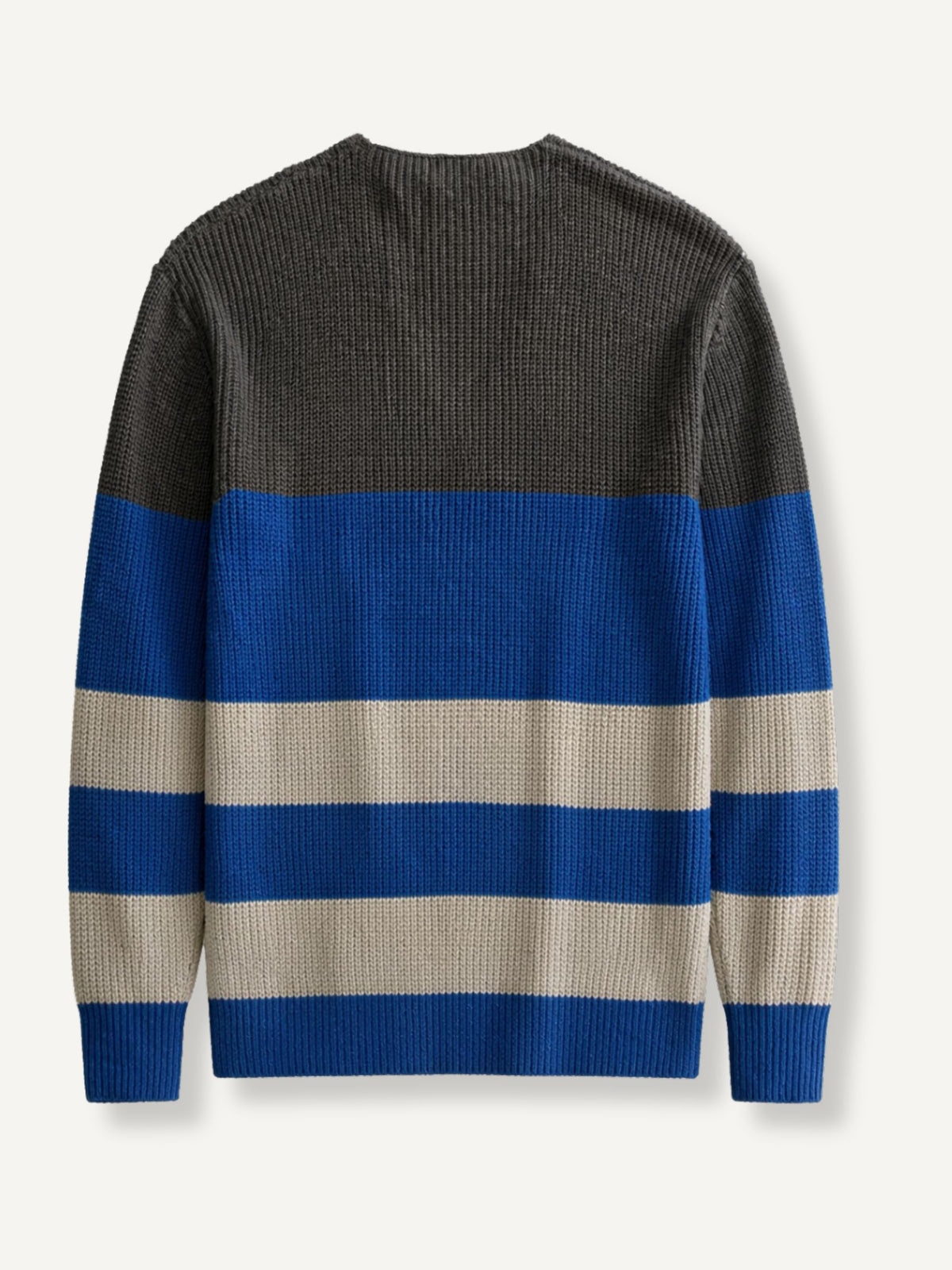 OROMEN Color-Block Striped V-Neck Sweater back flat lay showing continuous horizontal stripe pattern