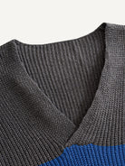 OROMEN Color-Block Striped V-Neck Sweater collar detail showing overlapping crossover ribbed V-neck