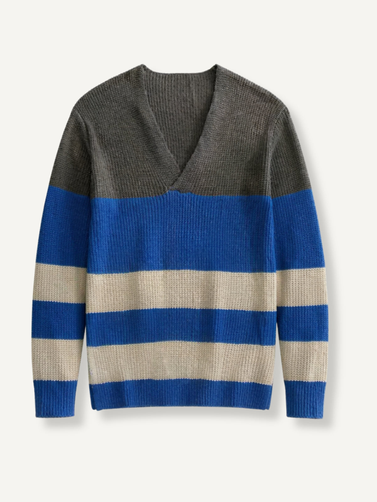 OROMEN Color-Block Striped V-Neck Sweater front flat lay in cobalt blue, charcoal, and beige