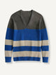 OROMEN Color-Block Striped V-Neck Sweater front flat lay in cobalt blue, charcoal, and beige