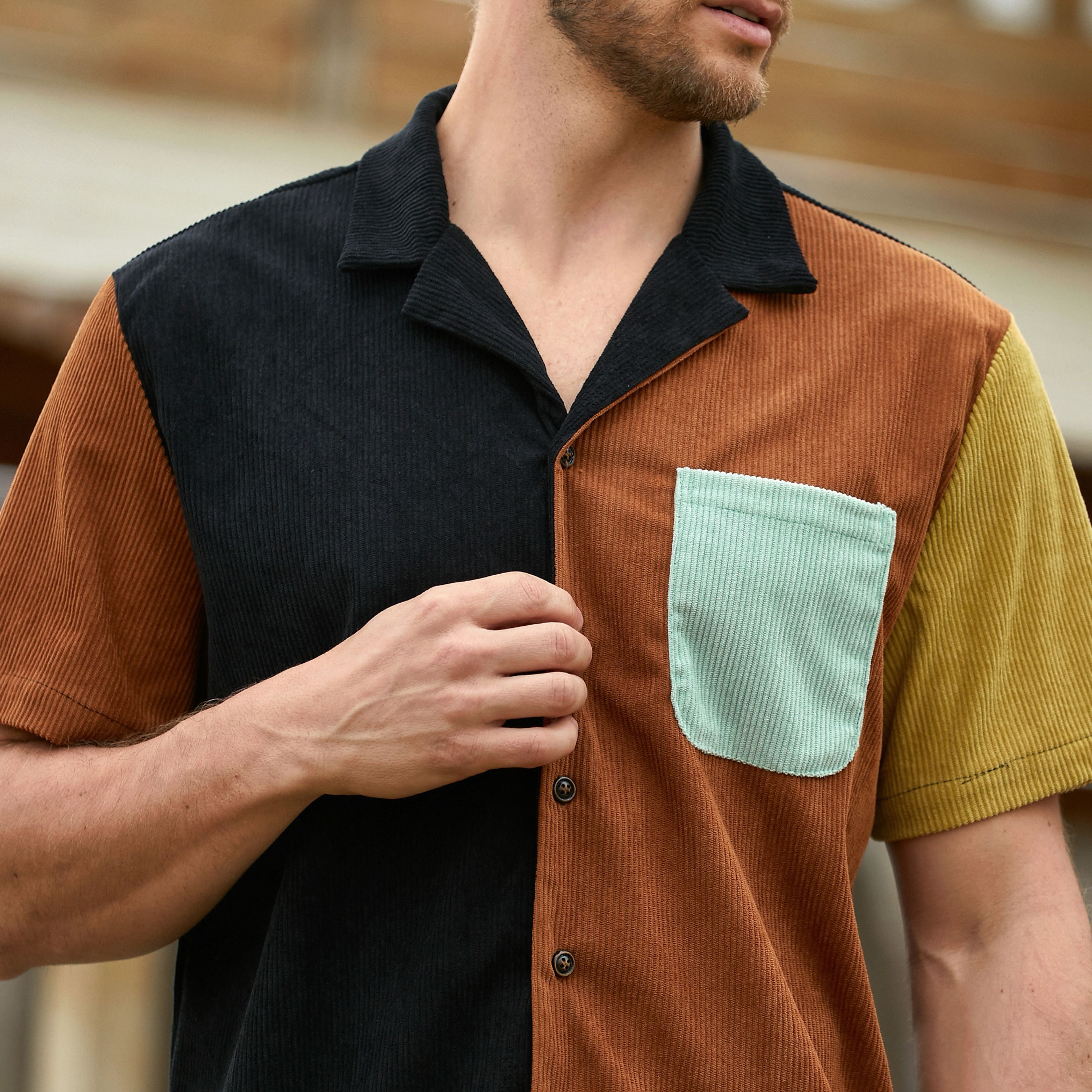 OROMEN Contrast Corduroy Shirt Model Upper Body Detail