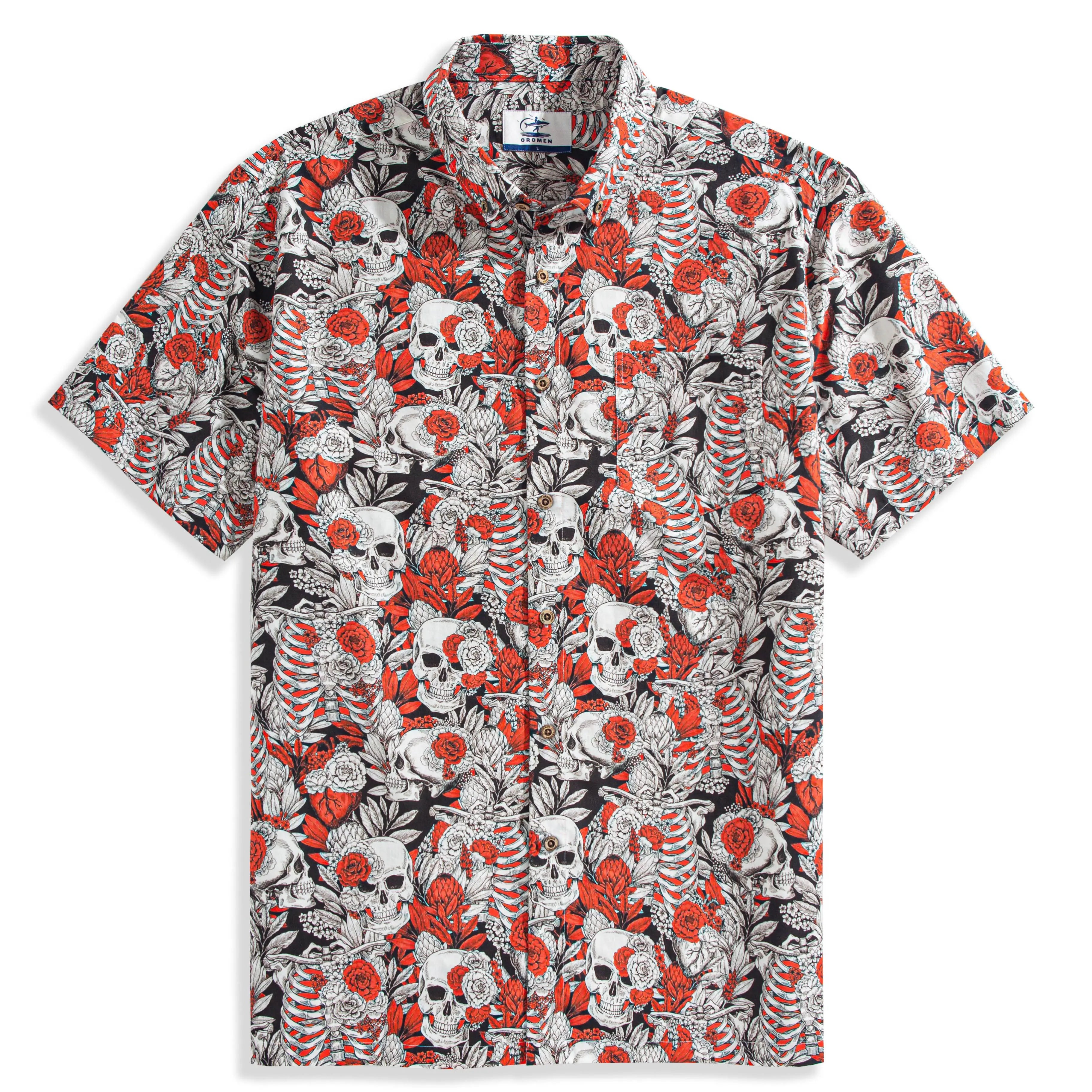 OROMEN Dark Night Rose Aloha Shirt – Skull & Red Rose Print Front View