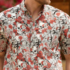 OROMEN Dark Night Rose Shirt – Front Detail  Skull Rose Print on Black Background