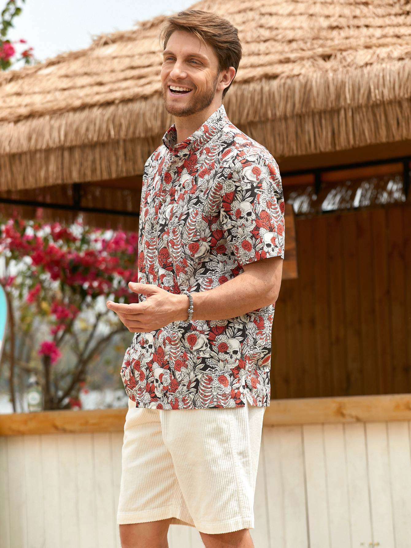 OROMEN Dark Rose Hawaiian Shirt – Skull and Red Rose Print Model Image