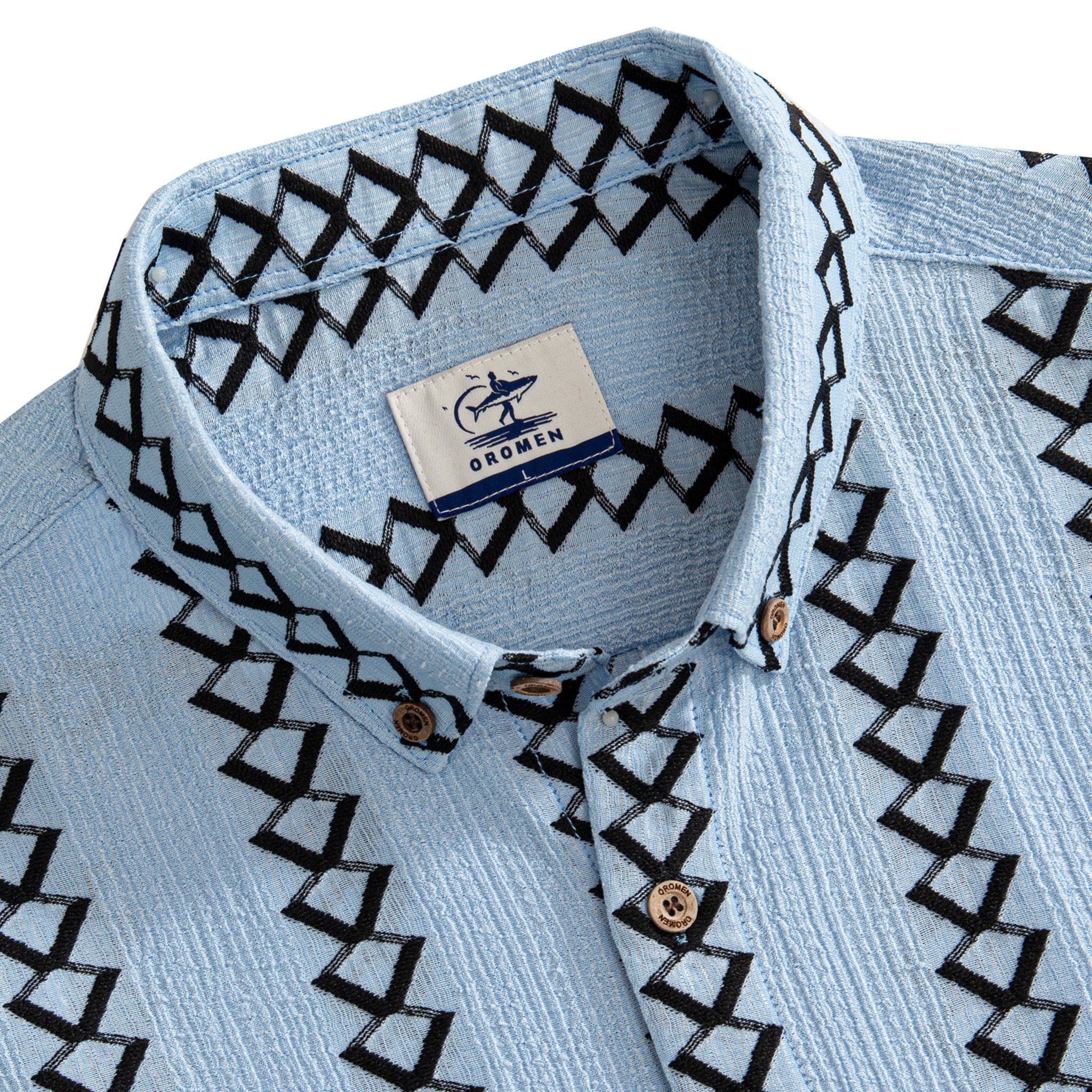 OROMEN Diamond Stripe Jacquard Shirt – Collar and Button Detail