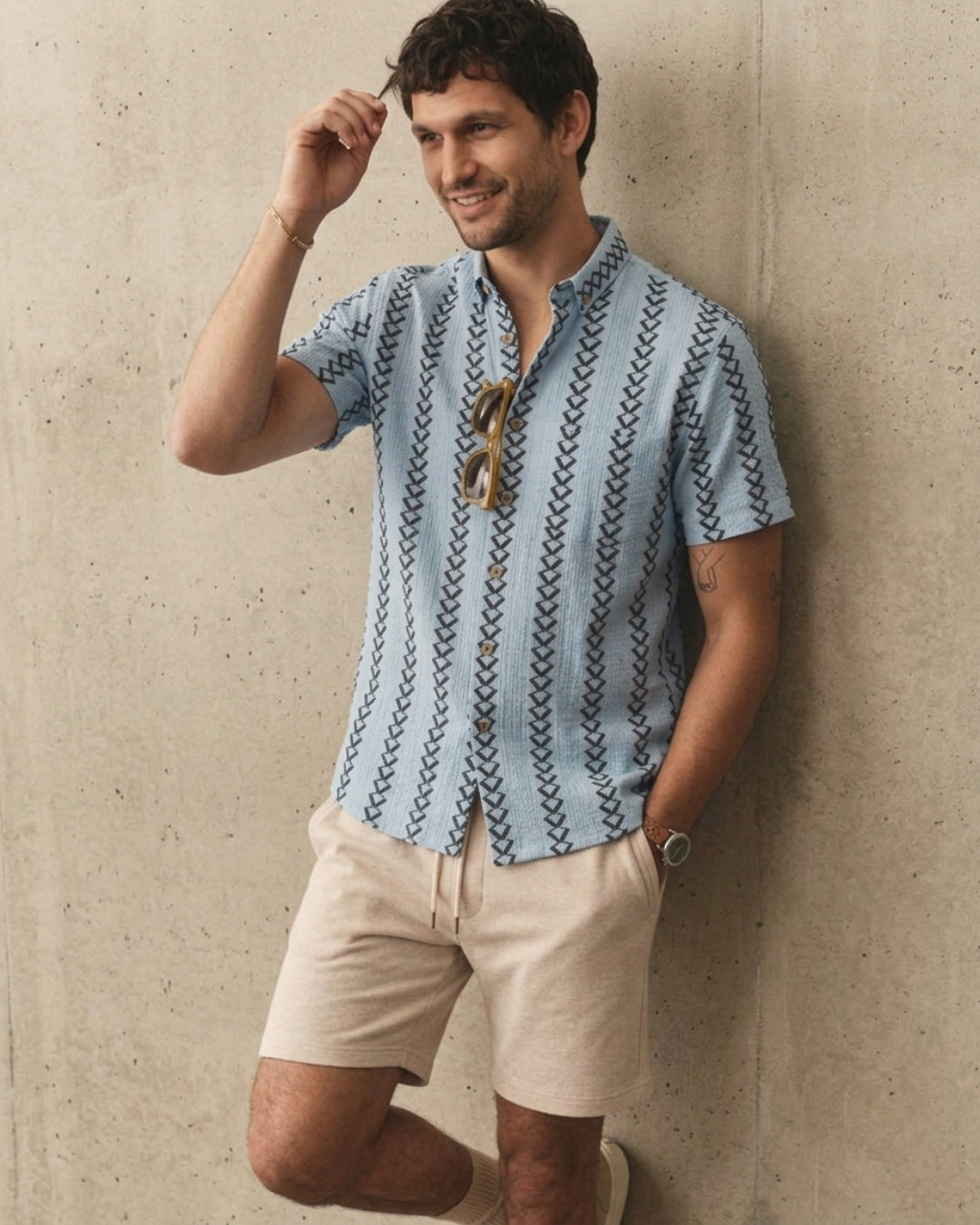 OROMEN Diamond Stripe Jacquard Shirt – Model Wearing Front