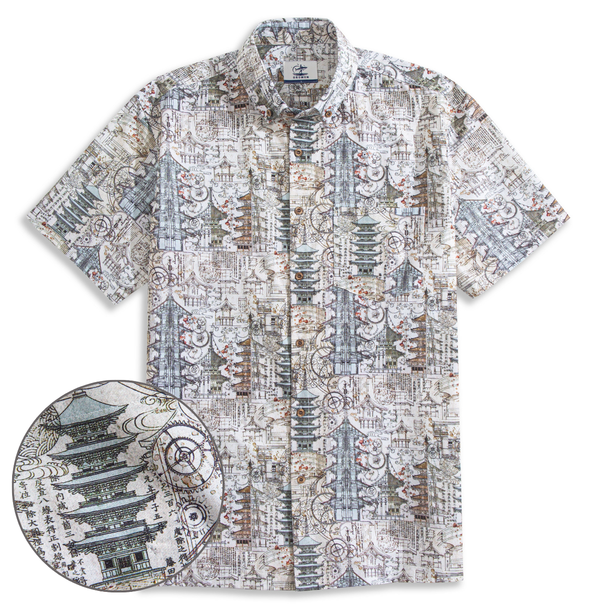 OROMEN Elegance of Pagodas Aloha Shirt – Front Flat Lay
