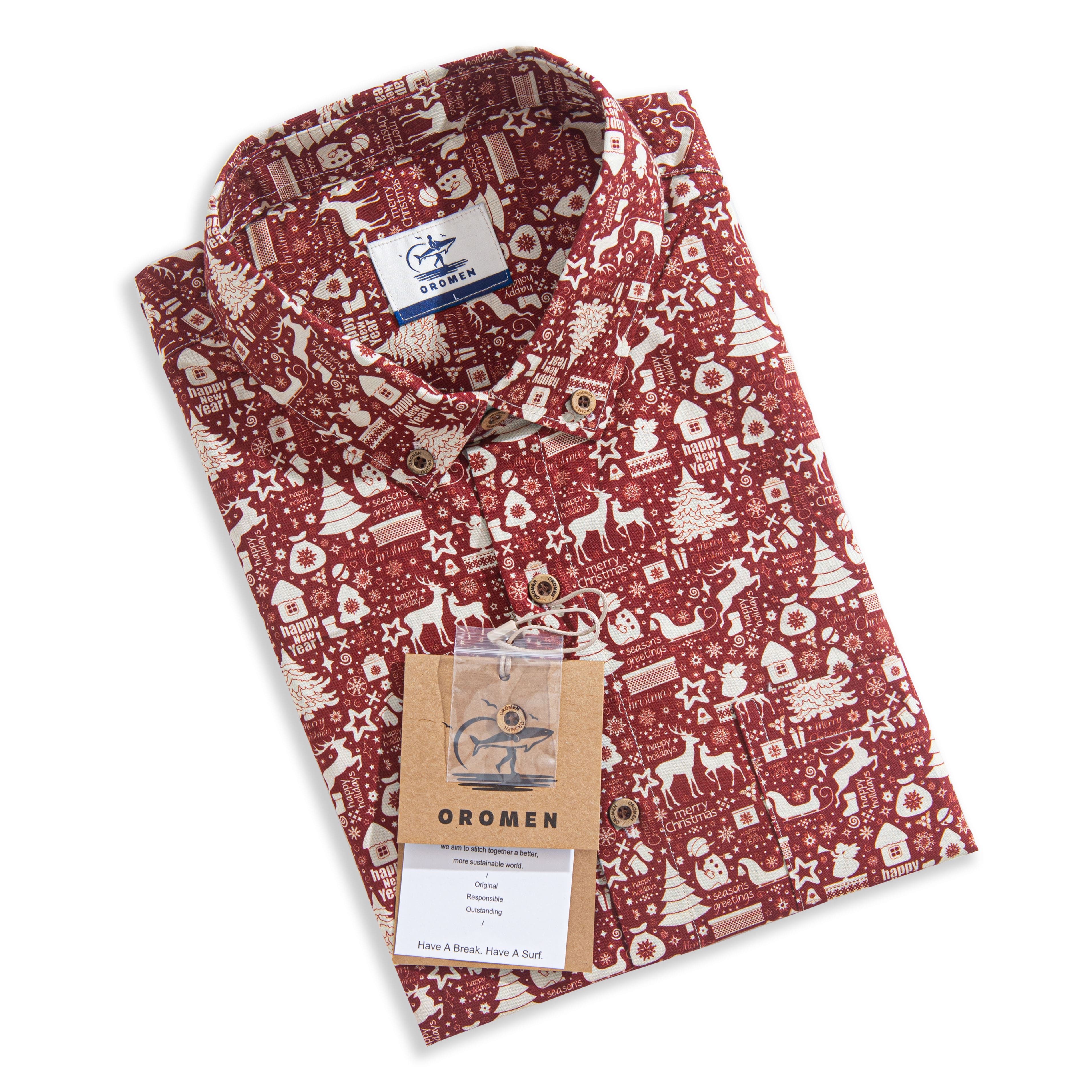 OROMEN Fantasy Christmas Patchwork Shirt – Folded Display View
