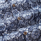 OROMEN Finesse Hall Hawaiian Shirt — OROMEN branded coconut buttons close-up on Arts & Crafts floral print