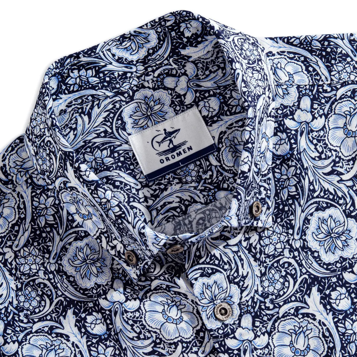 OROMEN Finesse Hall Hawaiian Shirt — button-down collar, brand label and coconut button detail