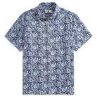 OROMEN Finesse Hall Hawaiian Shirt flat lay front view — navy blue Arts & Crafts floral print