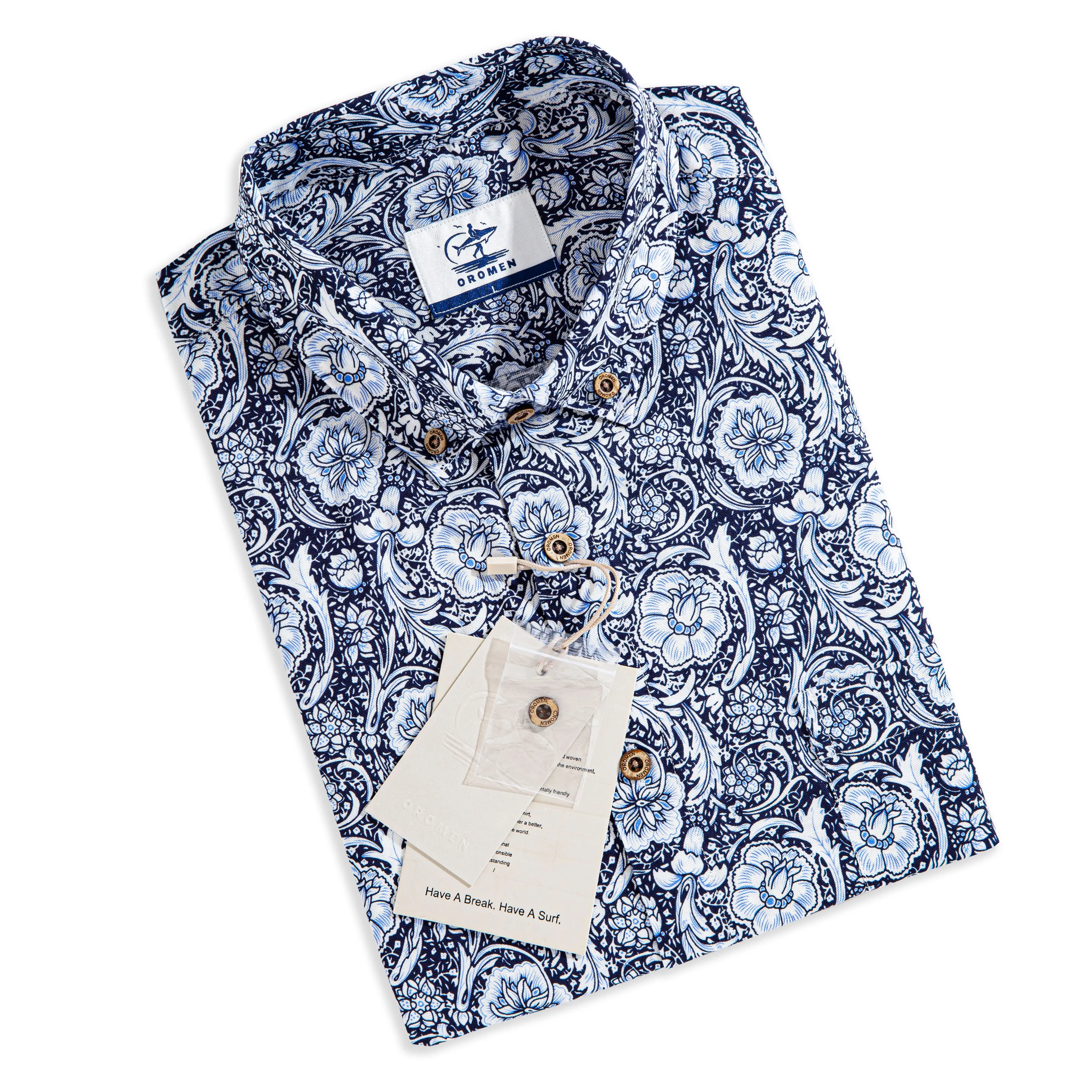 OROMEN Finesse Hall Hawaiian Shirt folded flat lay — Arts & Crafts floral print with brand hangtag