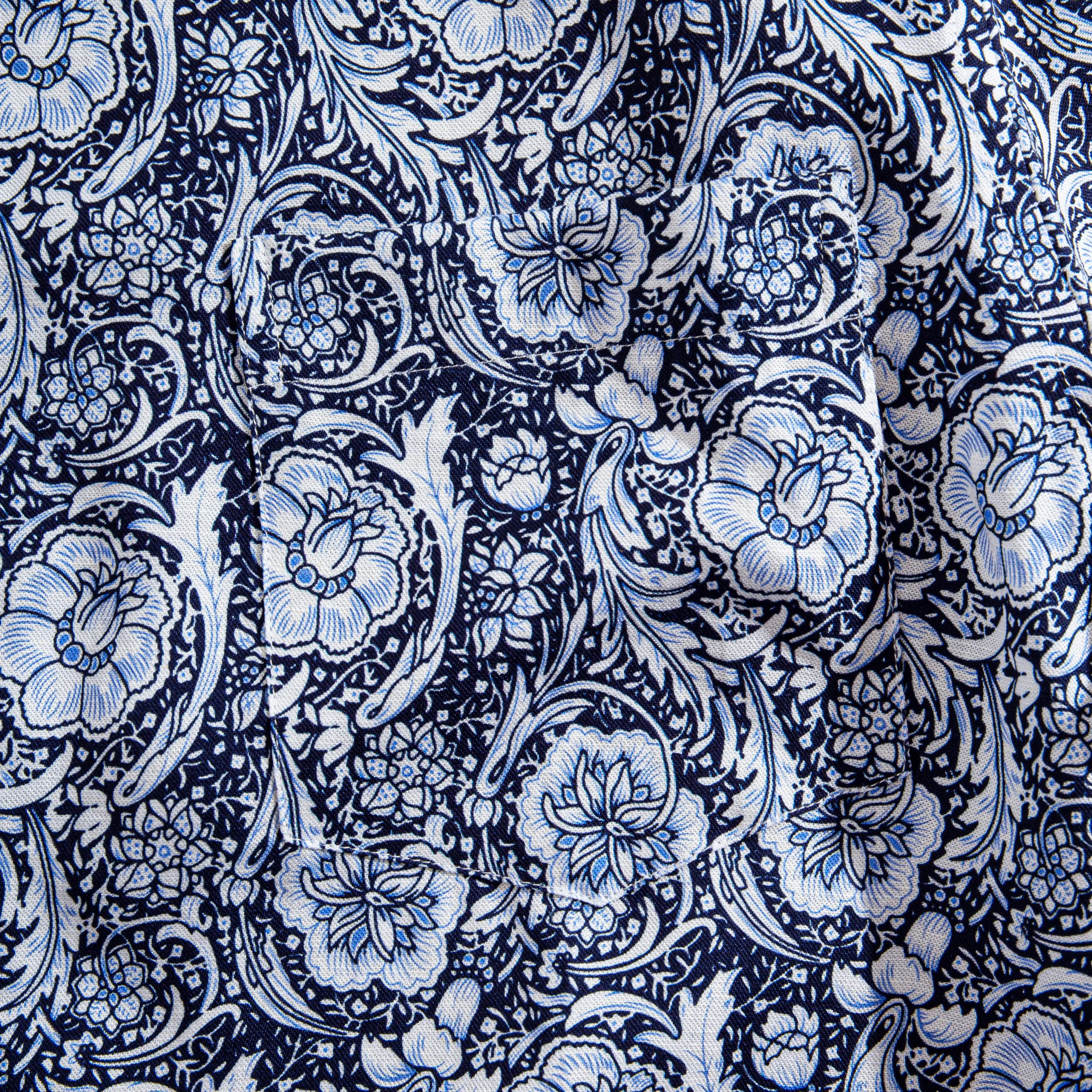 OROMEN Finesse Hall Hawaiian Shirt – Pocket close-up, hand-painted Arts and Crafts style floral fabric.