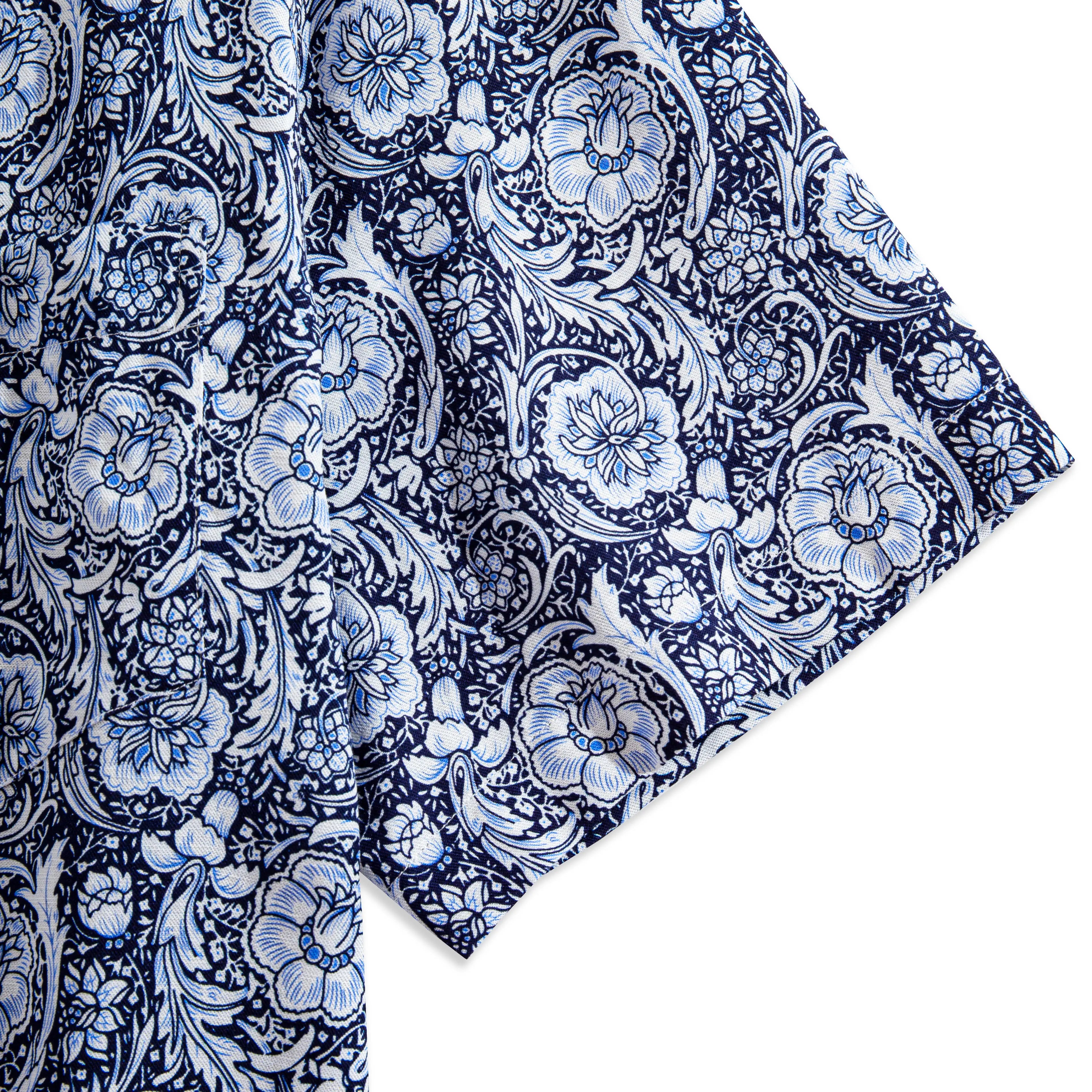 OROMEN Finesse Hall Hawaiian Shirt — short sleeve cuff and side vent detail with Arts & Crafts floral print