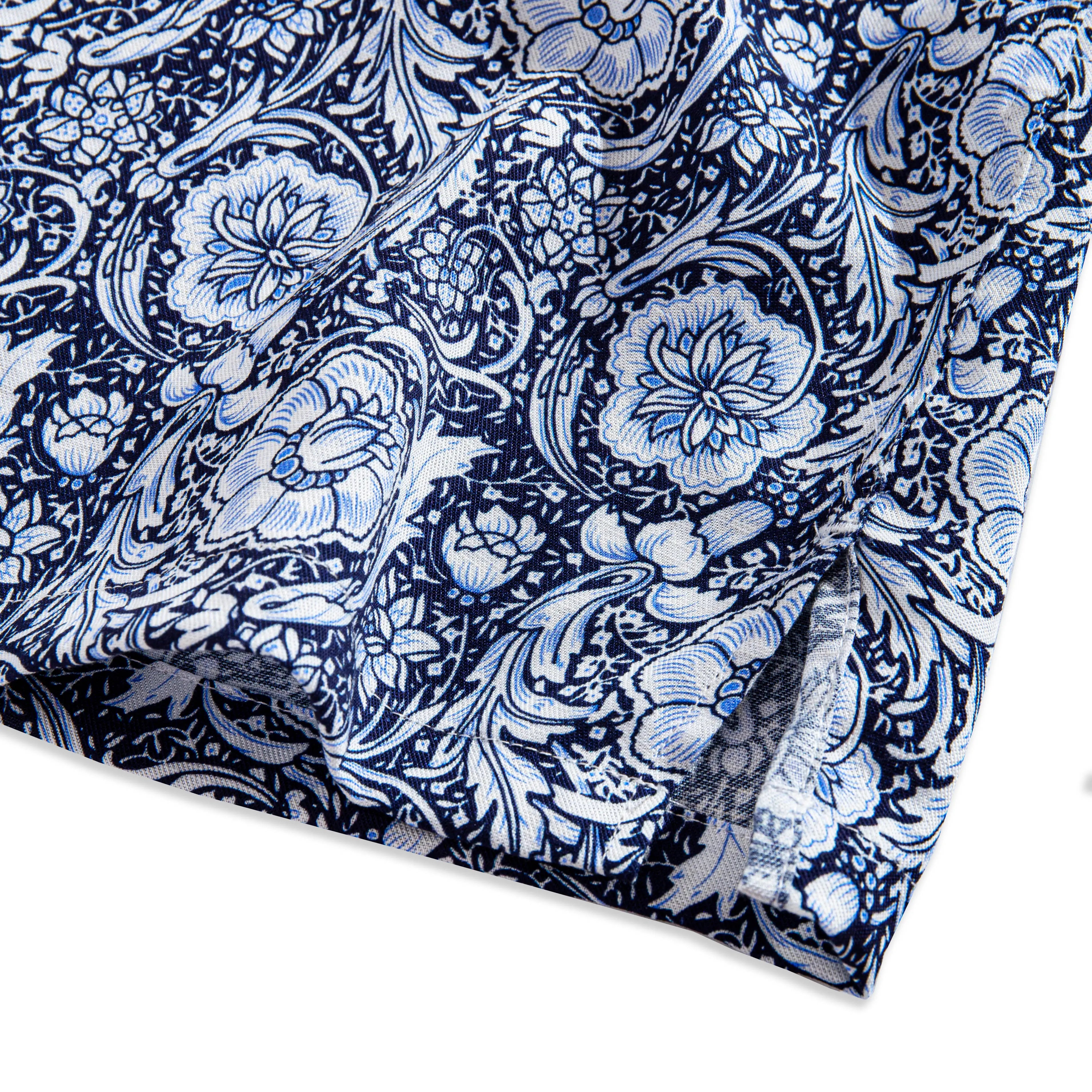 OROMEN Finesse Hall Hawaiian Shirt — side vent and hem detail with Arts & Crafts floral print