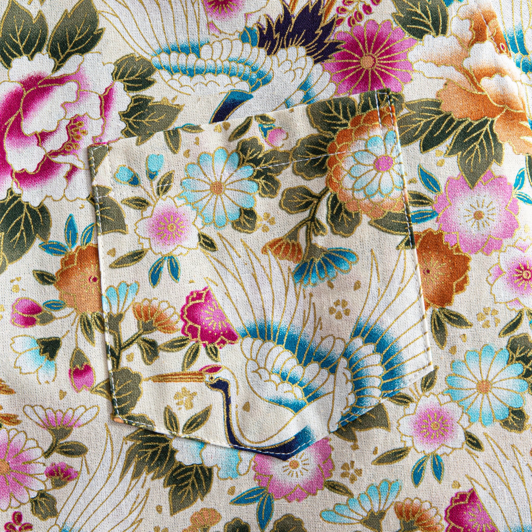 OROMEN Floral Aloha Shirt – Chest Pocket Detail with Crane and Peony Pattern