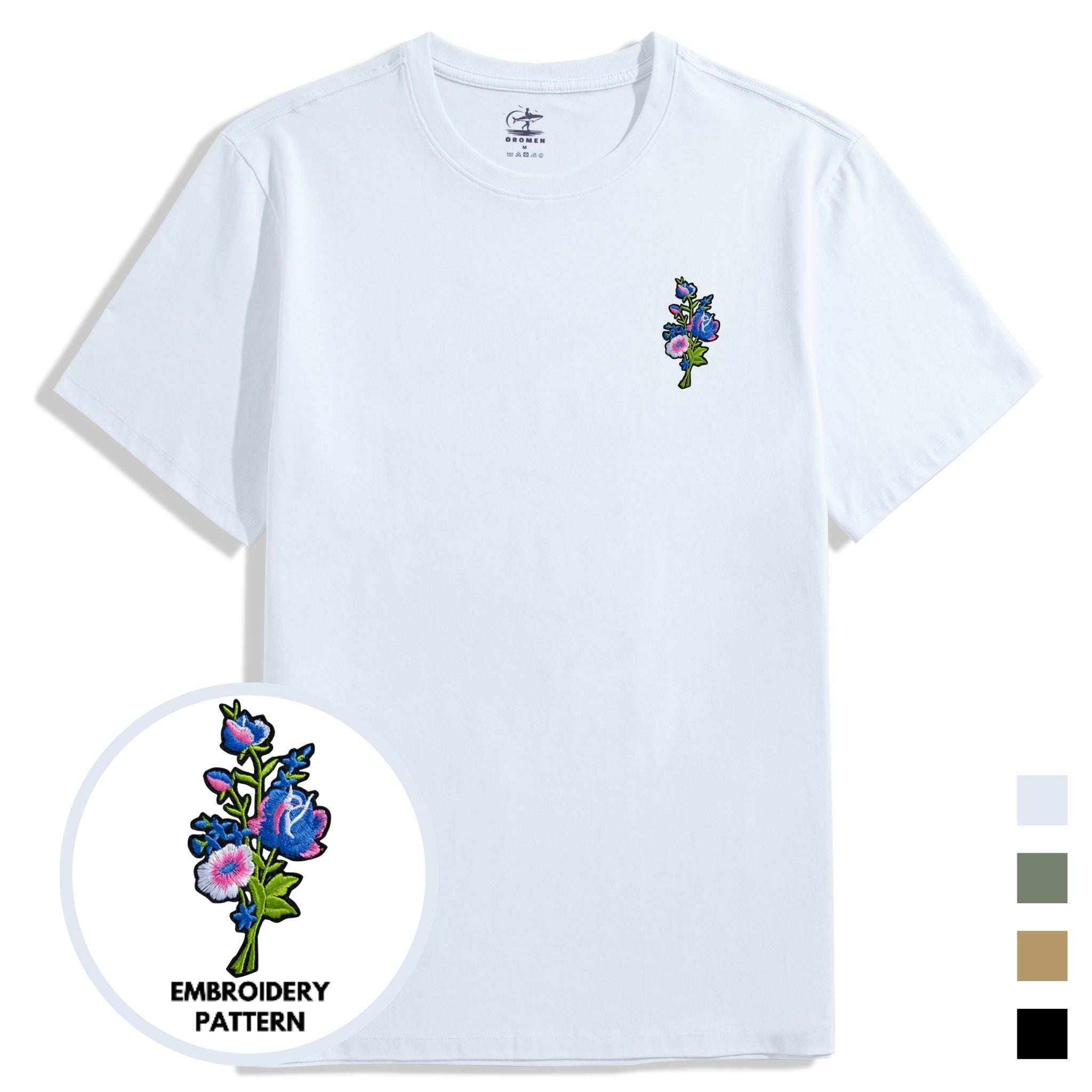 OROMEN Floral Embroidery Crew Neck T-Shirt – White, Light Blue, Army Green, Khaki & Black Color Overview