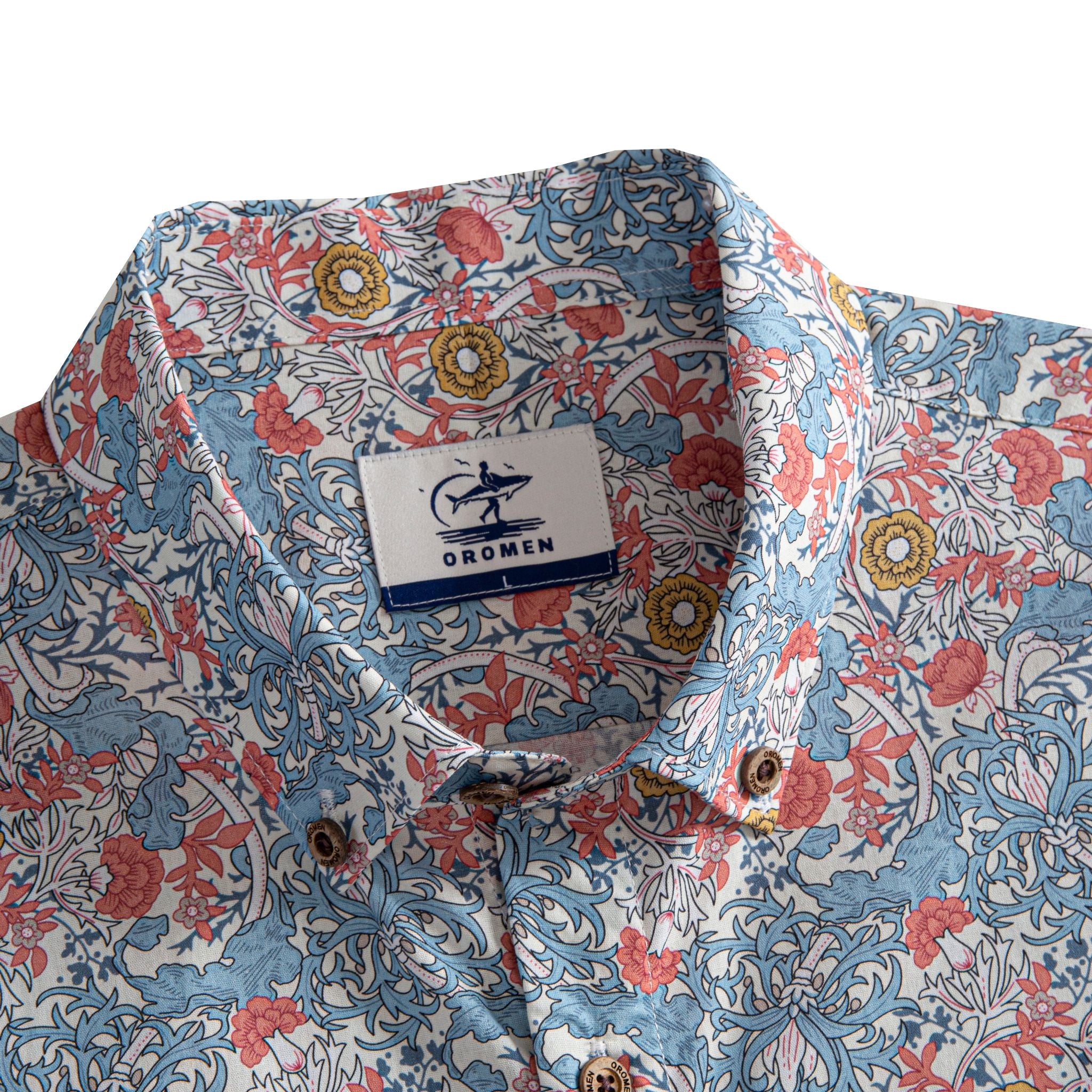 OROMEN Floral Garden Hawaiian Shirt – Collar & Brand Label Detail, Pink Blue Floral Print
