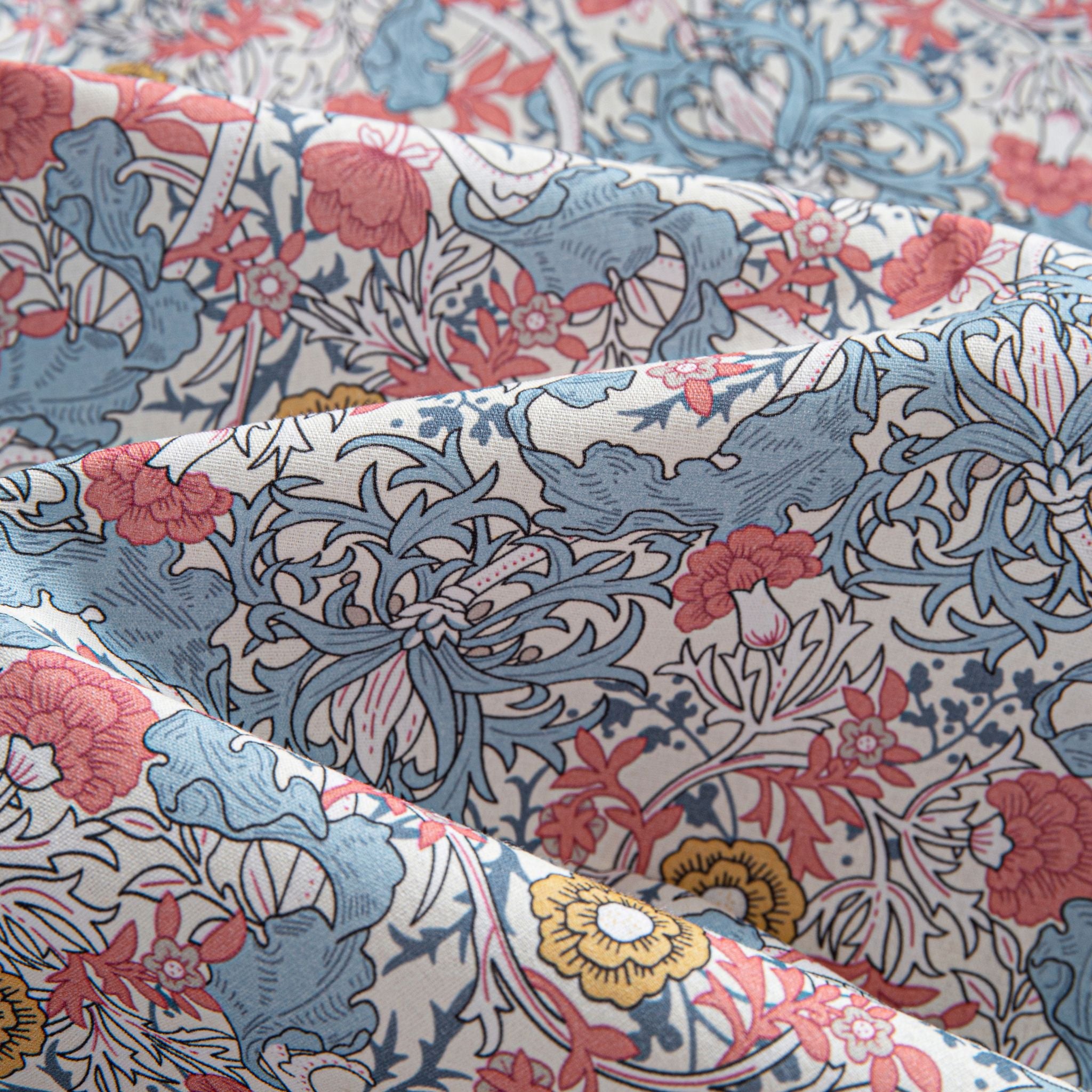 OROMEN Floral Garden Hawaiian Shirt – Fabric Close-Up, Pink Peony & Blue Chrysanthemum Print