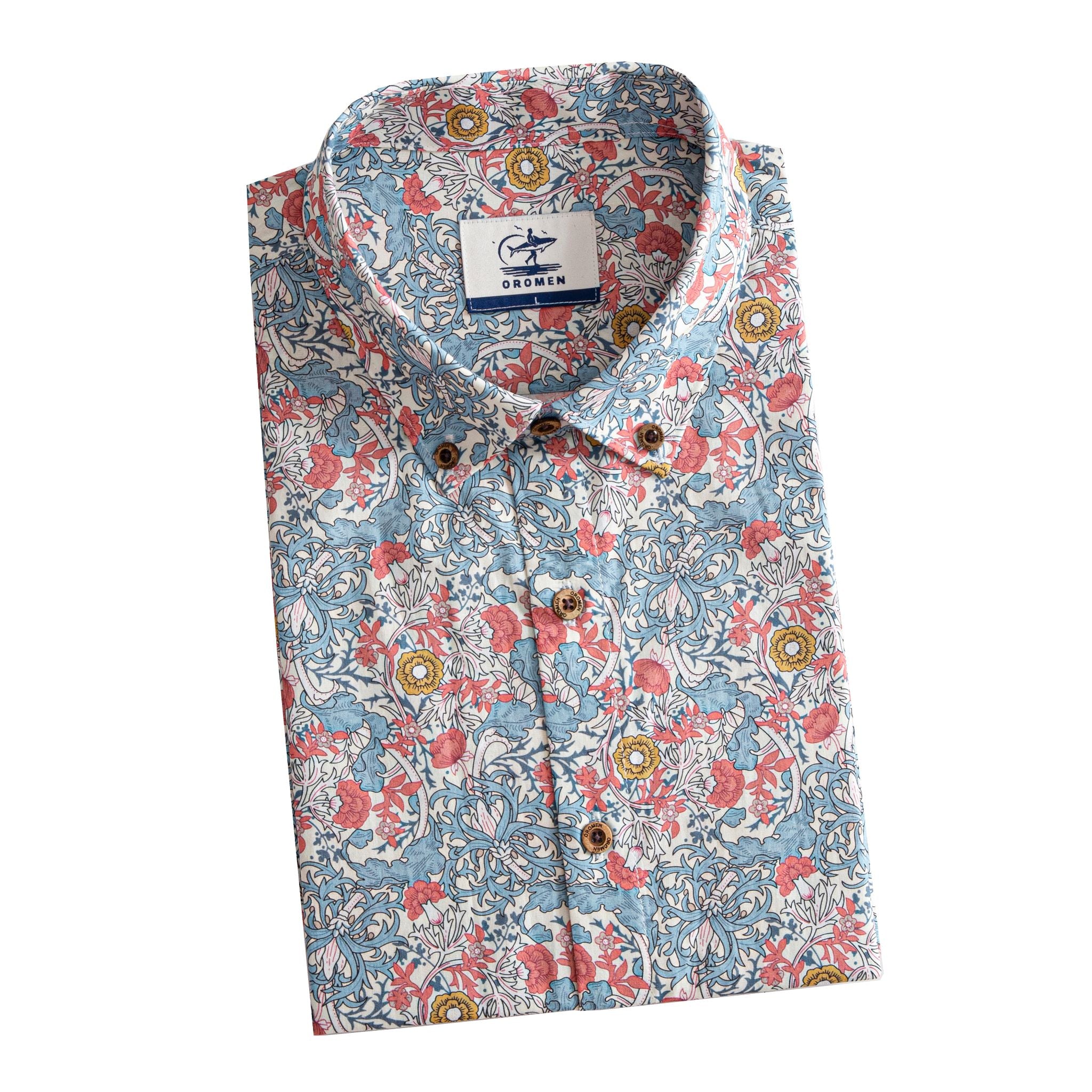 OROMEN Floral Garden Hawaiian Shirt – Folded Display, Brand Label & Coconut Button Detail