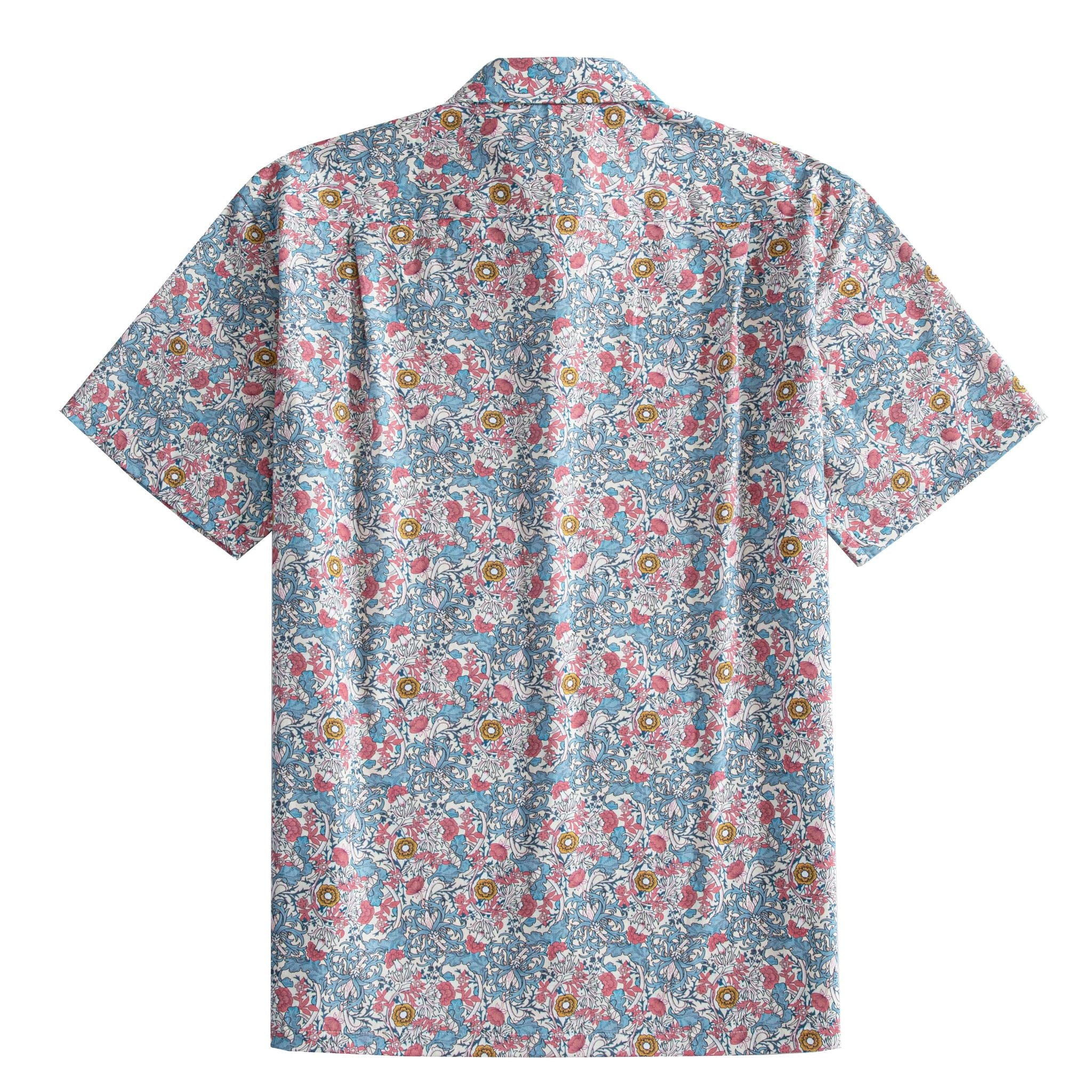 OROMEN Floral Garden Shirt – Back Flat Lay, Full Pink & Blue Floral Garden Print