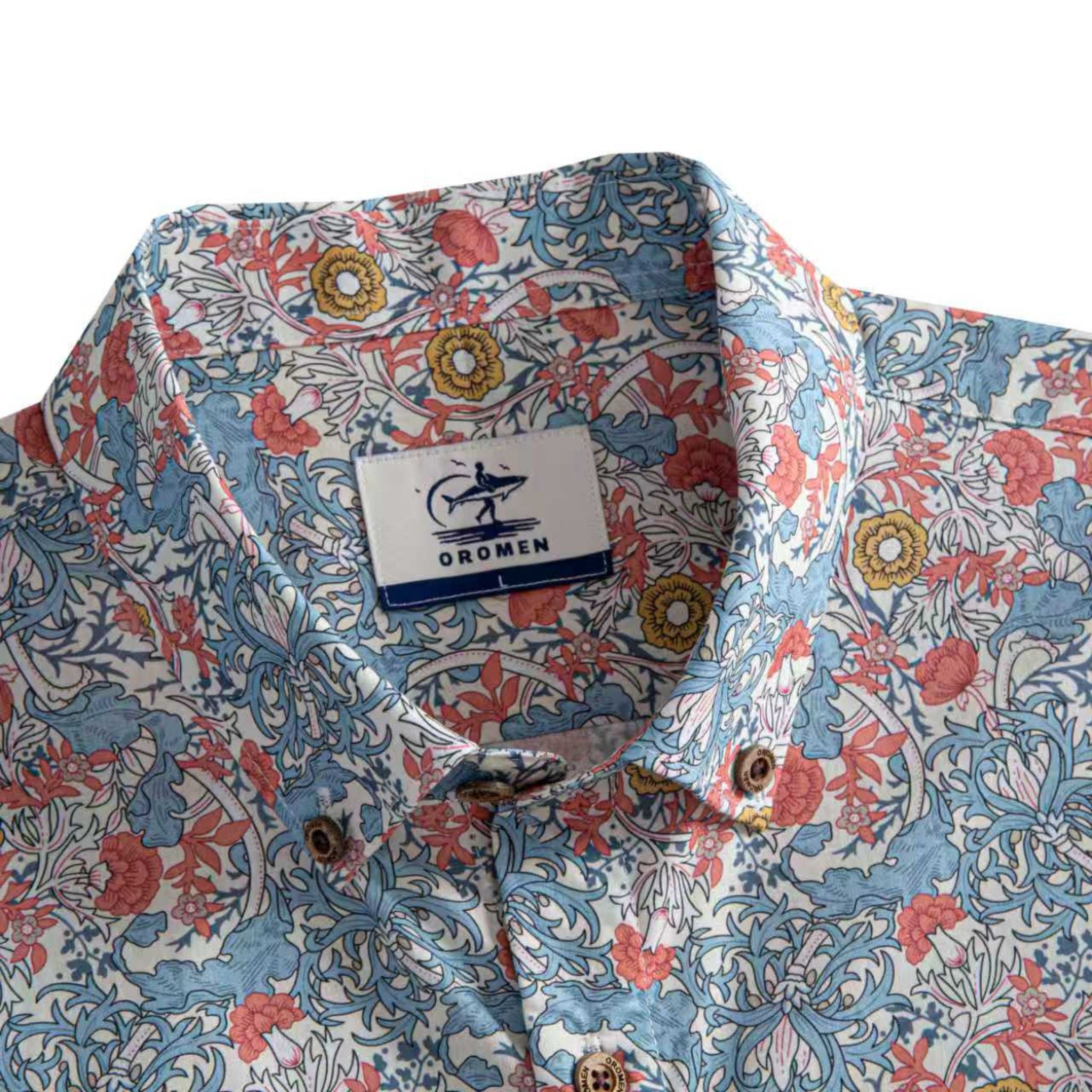 OROMEN Floral Garden Shirt – Collar & Brand Label Close-Up, Size Tag L, Coconut Buttons