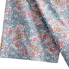 OROMEN Floral Garden Shirt – Fabric Close-Up, Pink Peony, Blue Chrysanthemum & Gold Daisy Print