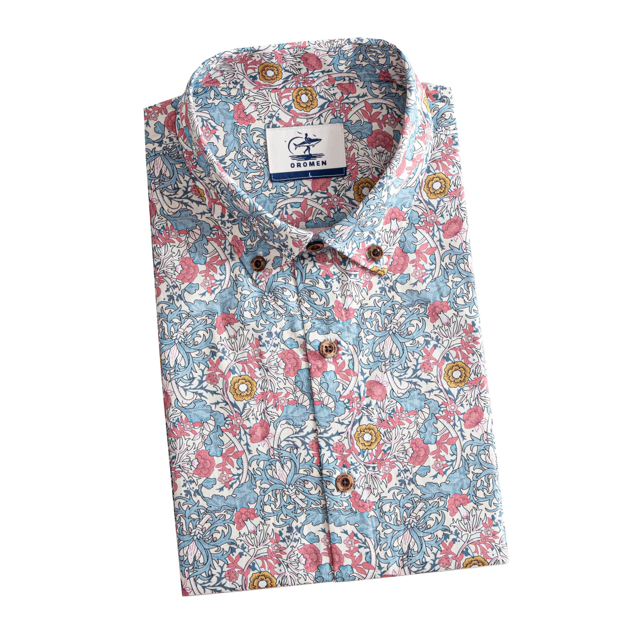 OROMEN Floral Garden Shirt – Folded Display, Brand Label & Size Tag, Coconut Buttons