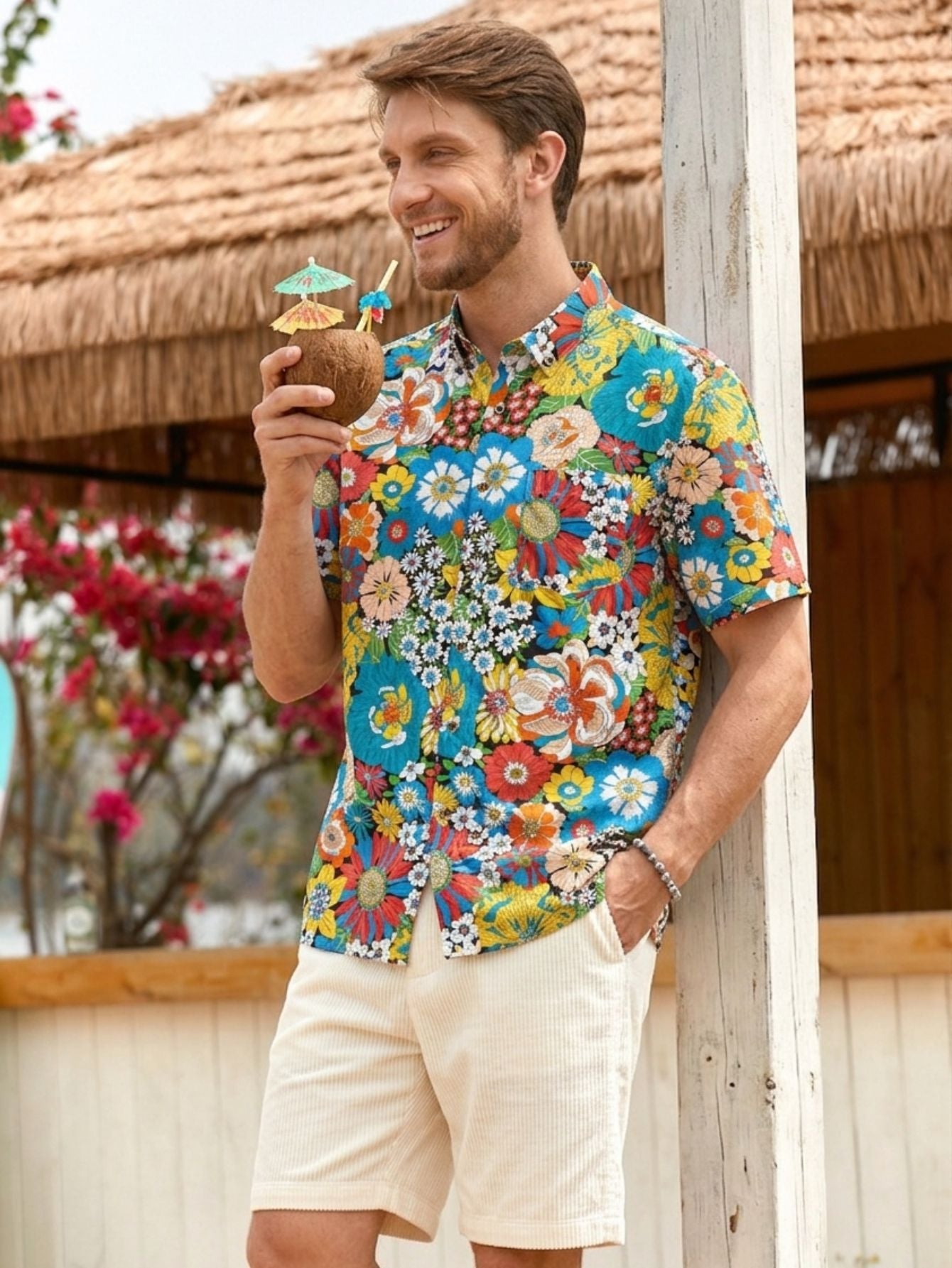 OROMEN Flower Riot Hawaiian Shirt – Multi-colored floral print, model photo