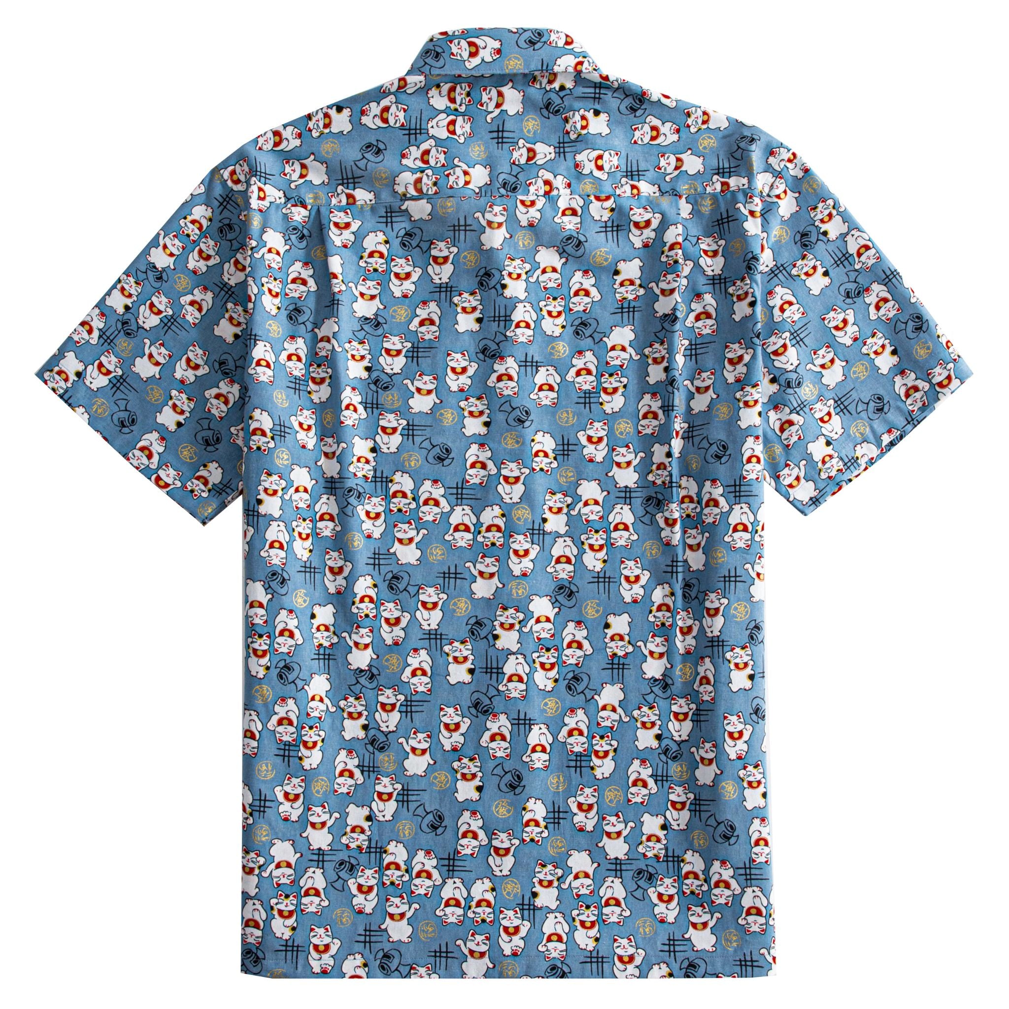 OROMEN Fortune Cat Hawaiian Shirt – Steel Blue Lucky Cat Print, Back View