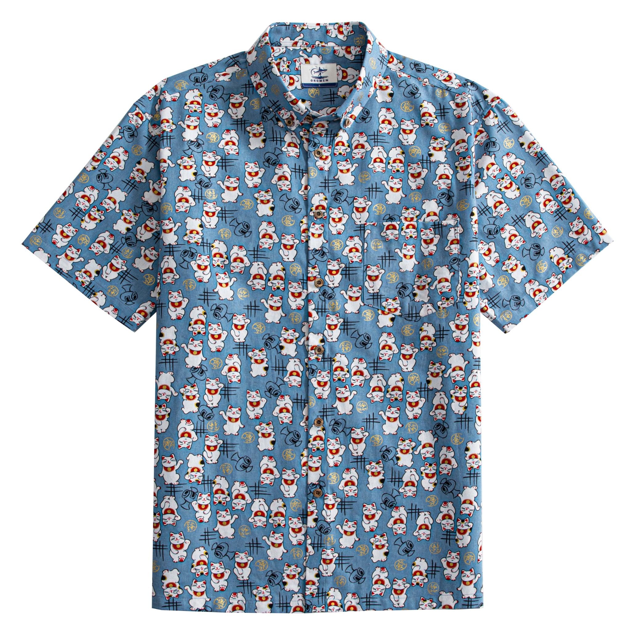 OROMEN Fortune Cat Hawaiian Shirt – Steel Blue Lucky Cat Print, Front View