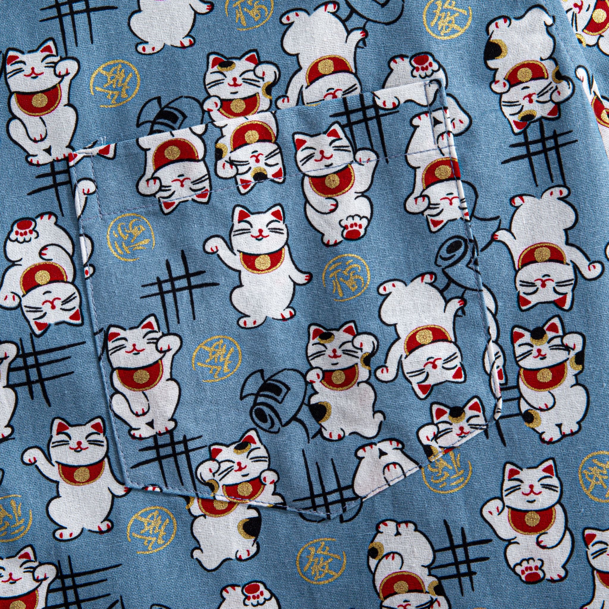 OROMEN Fortune Cat Shirt – Chest Pocket Detail, Maneki Neko Allover Print on Steel Blue Cotton