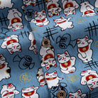 OROMEN Fortune Cat Shirt – Coconut Button Detail, Maneki Neko Cotton Fabric Close-up
