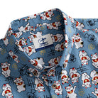 OROMEN Fortune Cat Shirt – Collar Detail with Brand Label, Lucky Cat Pattern
