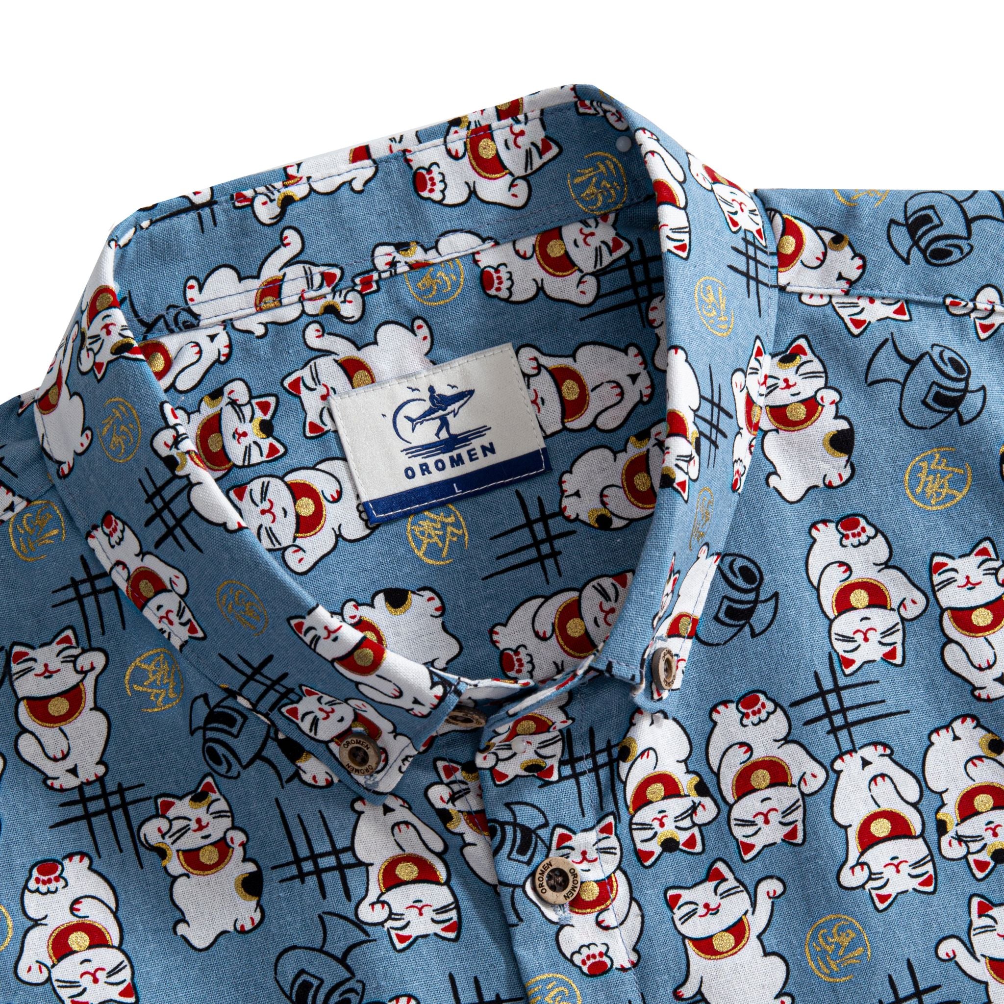 OROMEN Fortune Cat Shirt – Collar Detail with Brand Label, Lucky Cat Pattern