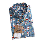 OROMEN Fortune Cat Shirt – Folded Flat Lay with Brand Hangtag, Steel Blue Lucky Cat Print